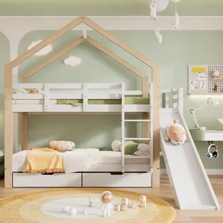 Flieks Etagenbett mit Rausfallschutz, Kinderbett mit Rutsche und Leiter, Hochbett mit 2 Schubladen, Hausbett Massivholzbett Stockbett 90x200cm, Weiß - Weiß