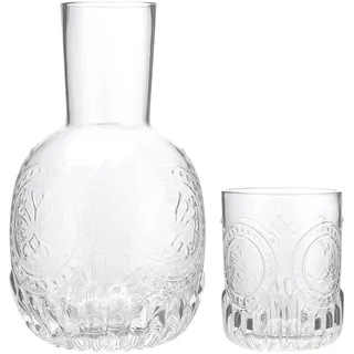 MISNODE Nachttisch-Wasserkaraffe, Vintage-geprägte Glaskaraffe für Wasser, Eisgetränk, Nachttisch-Wasserkaraffe und Glas-Set, Praktische Glas-Wasserkaraffe für Schlafzimmer, Küche,(Weiß)