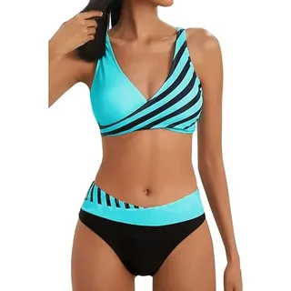 ASKSA Damen Bikini Set Push Up Zweiteiliger Streifen High Waist Badeanzug Sport Bademode, Himmelblau, L - Himmelblau - L