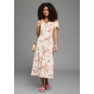 Sommerkleid LAURA SCOTT, Damen, Gr. 38, N-Gr, beige (creme, rosa, geblümt), Jersey, Obermaterial: 95% Viskose, 5% Elasthan, geblümt, ausgestellt wadenlang, V-Ausschnitt, Flügelärmel, Kleider Sommerkleid, mit geblümtem Design, aus Viskose und Elasthan, Midi-Länge