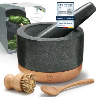 Diemker Premium Granit Mörser mit Stößel, Ø 14 cm, abnehmbarer Holzfuß, Holzlöffel und Reinigungsbürste im Set – Gewürzmörser, Groß, Moerser, Stein Moerser, Grillzubehör, Mortar, Pestle, Pesto, Nüsse