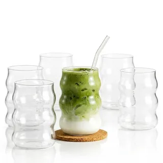 vienberg 6er Set Matcha Gläser 400ml mit Bubble & Ripple Design – Trinkgläser für Matcha Latte, Iced Coffee & Smoothies – Geriffelte Wellengläser, spülmaschinenfest (Bubble, 400, Milliliter)