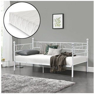 en.casa Metallbett, »Granada« Tagesbett mit Kaltschaummatratze 90x200cm Weiß weiß