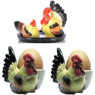Huhn/Hahn Salz und Pfefferstreuer Eierbecher Figur Keramik Tier Geschenk Küche Frühstückstisch Set