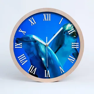 Tulup Holzuhr ⌀ 30cm Wanduhr Uhr Holz Dekoration Modern Runde Stille Uhren Weiße Uhrzeiger - Zwei Delphine