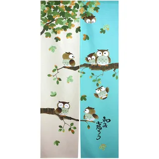 LIGICKY Japanische Noren Lang Vorhang Tür Vorhang Tapisseri Fliegen Insektenvorhang Raumteiler Grün33x59 inch(Eule auf Baum)