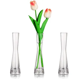 Glasseam Blumenvase Modern Glasvasen Schmal: 3er 20cm Hoch Blomus Vase Glas Set Handmade Schmale Vasen Tischdeko Wohnzimmer Esstisch Tulpenvase Dekovase für Pampasgras Tulpen Rose Hochzeit Deko