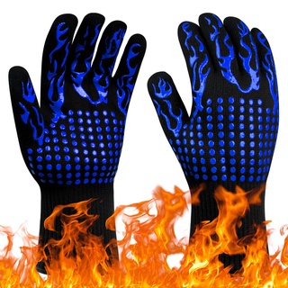 Flintronic Grillhandschuhe Hitzebeständig mit 800°C, Feuerfeste Handschuhe, Backhandschuhe, Kochhandschuhe, Ofenhandschuhe, für Backen, Küche & Grillen - Blau Das Neue