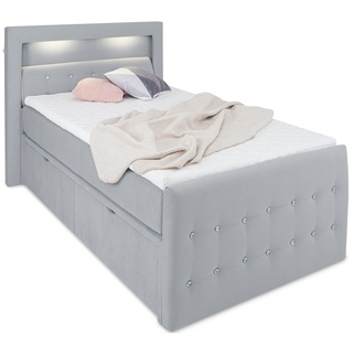 Girona LED-Bett 120x200 mit Bettkasten und Kristallen - Bett mit Matratze und Topper - Stauraumbett 120 x 200 cm mit Schubladen Samt-Stoff hellgrau