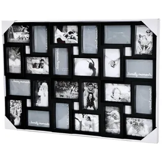 XL Collage Bilderrahmen für 24 Fotos 10 x 15 cm und 15 x 10 cm Schwarz 85,5 x 57 cm Kunststoff 3D Optik Wandaufhängung Hochformat oder Querformat mit Kunststoffabdeckung einfacher Bildwechsel