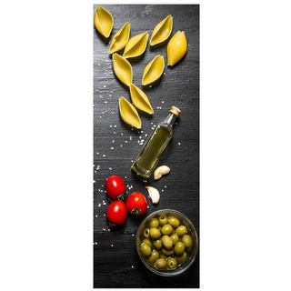 Levandeo® Glasbild, Glasbild 30x80cm Wandbild aus Glas Küche Pasta Nudeln Oliven