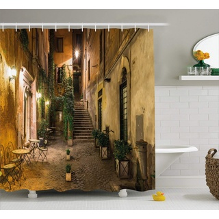 Nyngei Italienischer Duschvorhang Old Courtyard Rom Italien Cafe Stühle Stadt Historische Häuser in Street Cloth Stoff Badezimmer Dekor Set mit180CM Orange Braun