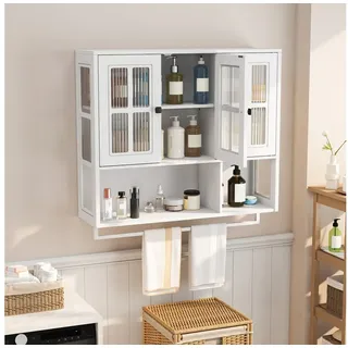 OKWISH Hängeschrank Wandhängeschrank, Glas-Wandregal (3-türiger Wandschrank mit Glastüren & Handtuchhalter, modernes Hängevitrine-Design aus MDF) weiß