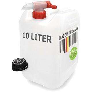 plasteo® 10 Liter Getränke- Wasserkanister Natur mit Hahn und Schraubdeckel (DIN 45) | BPA Frei | Lebensmittelecht | Tragbar | Indoor und Outdoor | Made in Germany