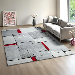 Mia ́s Teppiche Modena - Moderner Kurzflor Teppich, Wohnzimmer & Schlafzimmer, weich & pflegeleicht, geometrische Muster, Kariert, Grau Rot, 120 x 160 cm