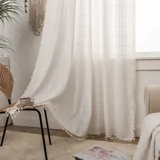 SASIGAYA Gardinen Durchscheinend Bestickte Kariert Vintage Vorhänge Weiß Gardinenschals mit Quasten Baumwolle Leine Verdunkelung für Schlafzimmer Wohnzimmer Kinderzimmer B140×H220 cm 2 Stück