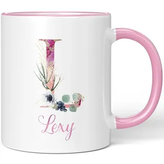 JUNIWORDS Tasse, Lexy, Name Anfangsbuchstabe Initial Alphabet Floral Buchstabe L Monogramm Motiv, Rosa (5521504)