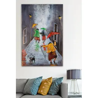 Casablanca Deko Bild Wandbild Wohnzimmer groß - Metallbild 3D Optik - Motiv: tanzende Frauen mit Regenschirmen - rechteckig handgefertigt - Grau bunt 80 x 120 cm