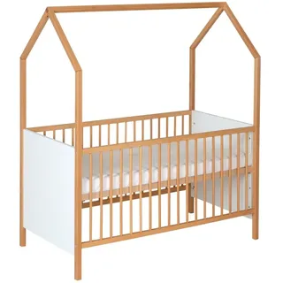 Hausbett 70x140 -Umbaubett Gitterbett Babybett Kinderbett -Weiß/ Naturbelassen