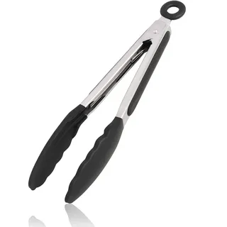 Grillzange Küchenzange Zange Küche aus Rostfreim Edelstahl und Silikon 26,5cm Mit Hitzebeständigem Griff Kleine Zange Für Airfryer Heißluftfritteuse Kochzange Fleischzange Schwarz