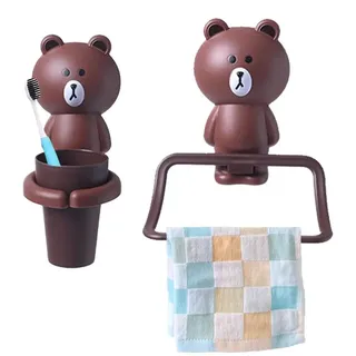 Zahnputzbecher Handtuchhalter Set für Kinder Braunbär ohne Bohren