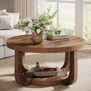 Tribesigns Runder Couchtisch, 2-stufiger runder Couchtisch mit Stauraum, 80 cm moderner Akzenttisch Holz, Dicke Tischplatte und Basis,rustikales Braun - Braun
