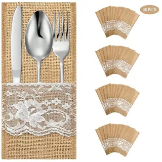 fogshield 40 Stück Jute Bestecktasche,Vintage Spitze Sackleinen, Besteckbeutel Bestecktaschen Besteckhalter Aus Vintage-bestecktaschen Mit Spitzenverzierungen, Tischdekorationen für Hochzeit Weihnachten Taufe Rustikal Party Restaurant ,Stil