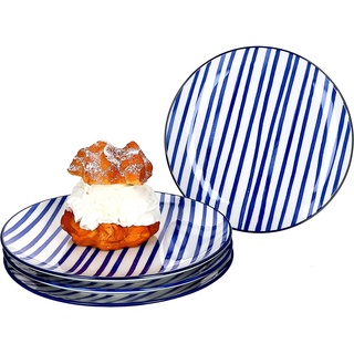 RITZENHOFF & BREKER 4-teiliges Kuchenteller-Set Streifen Seaside I Geschirr-Set für 4 Personen I Frühstücksteller mit Streifen-Dekor I Hochwertige Dessertteller I 4 Porzellanteller Ø 20 cm