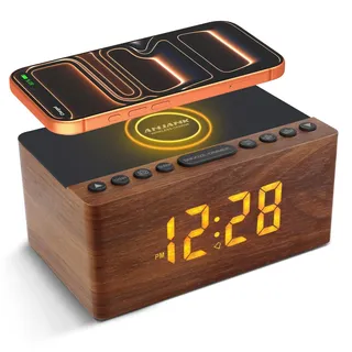 ANJANK Holz Digitaler Radiowecker mit Kabelloser Ladestation, Qi Fast Wireless Charger for iPhone/Samsung Galaxy,LED Display mit 5-stufiger Dimmer,9 Alarmtöne,USB Ladeanschluss,Uhrenradio,ohne Ticken
