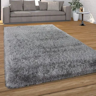 Paco Home - Hochflor Teppich Wohnzimmer Schlafzimmer Shaggy Weich Modern Pastell Einfarbiges Design 60x100 Cm, Grau