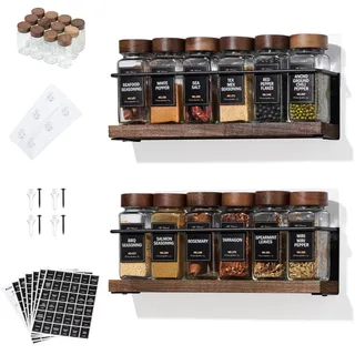 KitHero 2-stöckiges Wand-Gewürzregal mit 12 Gläsern, 216 Etiketten & Trichter, Schraub-/Klebemontage, Schwarz Metall & Holz, Aufbewahrung für Küche, Vorratsschrank, 29,5 x 6,1 x 8,1 cm