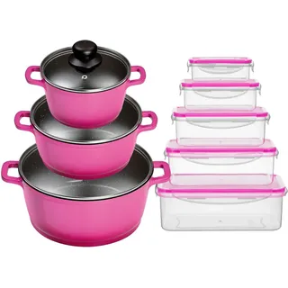 KING Topf-Set ALUGUSS, Aluminiumguss (Set, 16-tlg., je 1 Kochtopf mit Deckel 16/20/24 cm, 5 Vorratsdosen), Glasdeckel, Induktion,Keramikantihaftbeschichtung lila