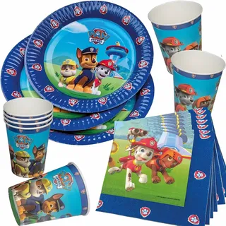 TIB Heyne 33-teiliges Party-Set * PAW Patrol * mit Teller + Becher + Servietten + Deko | Blau Jungen Kindergeburtstag Hunde Polizei Geburtstag Party Luftballons