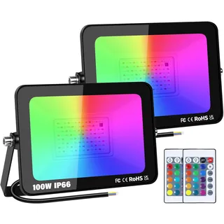 SKYWORLD 2 Stück LED Strahler Außen, 100W RGB Fluter mit Fernbedienung, LED Flutlichtstrahler Scheinwerfer mit 16 Farben 4 Modi, Wasserdicht für Aussen Innen Garten Baum Landschaft Stimmungslicht