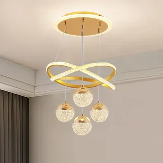 LED Pendelleuchte Gold dimmbare mit Fernbedienung 3000k-6500k Moderne 4 Plastik Ball mit Kristalleffekt Hängelampe 54W Esszimmerlampe hängend höhenverstellbar Esstischlampe für Wohnzimmer Schlafzimmer