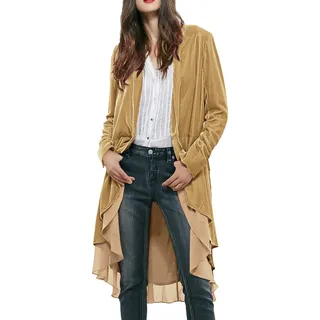R.Vivimos Herbst Winter Damen Samt Rüschen Freizeitjacke Vintage Lang Mantel Langarm Kragenlos Schwalbenschwanz Blazer(XLarge,Khaki) - XL