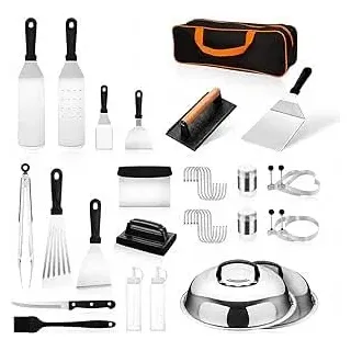 BBQ Grill Zubehör Set 34-teilig aus Edelstahl – Komplettes Grillbesteck mit Zange, Spateln, Burgerpresse, Soßenflaschen & Tragetasche – Profi Grillset für BBQ, Plancha & Outdoor Küche