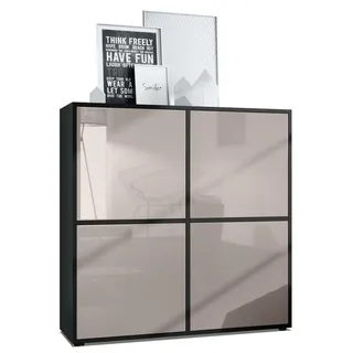Vladon Highboard Cuba V2 (Schrank, 104 x 105,5 x 35,5 cm Sideboard mit 8 Fächern), Korpus in Schwarz matt / Fronten in Sandgrau Hochglanz grau