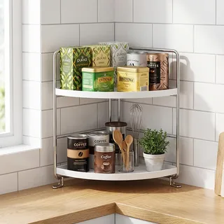 Ncheli Eckregal Bad 2 Ebenen Höhenverstellbar Küchenregal Corner Shelf Weiß Metallrahmen Kunststoffablage Platzsparend für Badezimmer Küche Wohnzimmer 26x28cm