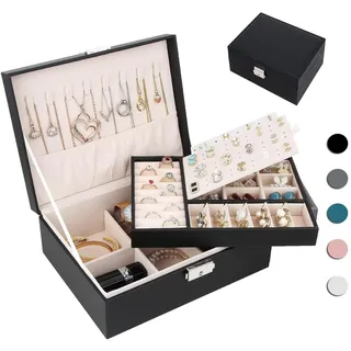 Homtibrm Schmuckkasten, Schmuckkästchen mit 2 Ebenen, PU-Leder Schmuckbox Schmuckschatulle Groß Schmuck Organizer für Ringe Ohrringe Armbänder Halsketten, Schwarz