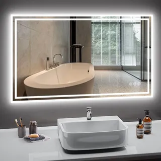 pesenxan Badspiegel mit Beleuchtung 100x60cm, LED Spiegel Bad 3 Lichtfarben Dimmbar, Anti-Beschlag, Badezimmer Spiegel mit Beleuchtung Touchschalter - Silber