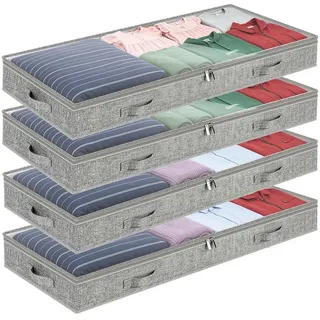 BlingBin Unterbettkommode Unterbett Aufbewahrungsbox, Unterbettkommode mit klarem Deckel (4er-Set, 4 St., 4 Stück Unterbett Aufbewahrung, 100 x 50 x 10 cm, 50L), Faltbare Kleideraufbewahrung & Organisation für Kleidung, Bettdecken grau