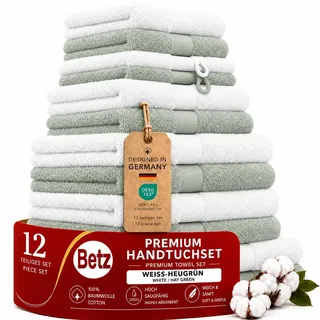Betz Premium Handtuch-Set 12-teilig – 100% Baumwolle – Oeko-TEX® Zertifiziert – 470 g/m2 – 2 Duschtücher, 4 Handtücher, 2 Gästetücher, 2 Seiftücher & 2 Waschhandschuhe - Farbe weiß/heugrün