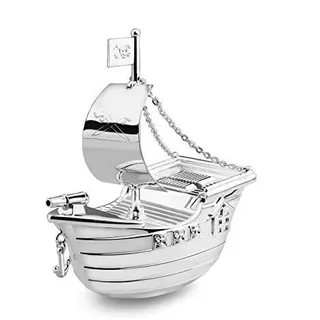 Brillibrum Design Sparbüchse Piraten-Schiff versilbert anlaufgeschützt mit Wunschgravur Segel-Boot Glänzend Kinder-Spardose Namen-Gravur Sparschwein Schiff mit Gravur