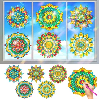 CAYUDEN Diamond Painting Erwachsene, 6pcs Mandala Diamond Malerei Aufkleber Kit DIY Buntglas-Fensteraufkleber Selbstklebend Suncatcher Sticker Fensterfolie Bling Strass Kunsthandwerk für Dekoration