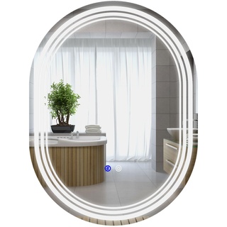 kleankin Badspiegel mit Beleuchtung, 70 x 50 cm Wandspiegel mit Touch-Schlater, Badezimmerspiegel mit 3 LED Lichtfarben, Anti-Beschlag, Memory-Funktion, IP44, Horizontal/Vertikal