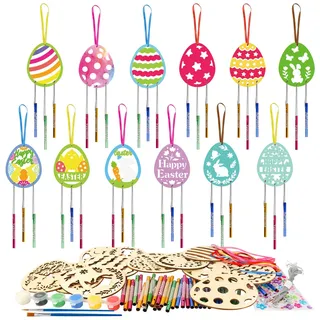 HAKOTOM 12 Stück Ostereier Windspiele Bastelset Kinder Ostern Eier Klangspiele Basteln Holz Osterei Bastelsets Osterbasteln Kunsthandwerk für Osterndeko Garten Haus Frühling Dekoration