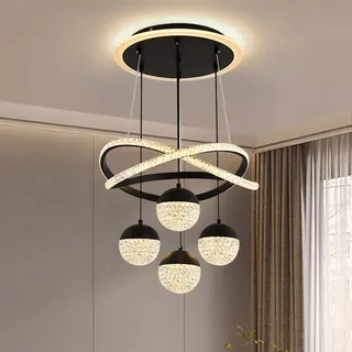 LED Kristall Kronleuchter 54W Einstellbare Edelstahl Pendelleuchte Dimmbare mit Fernbedienung Hängelampe für Schlafzimmer Wohnzimmer Esszimmer, - Schwarz