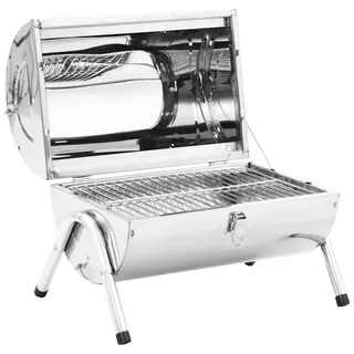 Welltin Holzkohlegrill Holzkohlegrill Edelstahl Tischgrill mit Doppelgrillfläche 34 x 22 cm, Tragbarer Campinggrill Reisegrill Koffergrill für Picknick und Outdoor silberfarben