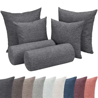 Selfitex 6-teiliges Kissenset, 2X 50x50/2x 40x40/2x 18x45 (Anthrazit) | Sofakissen und Nackenrollen im 6er Set, inkl. Füllkissen, für Bett, Couch und Terrasse